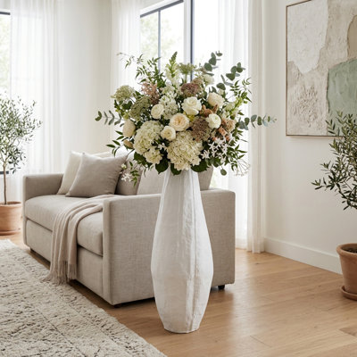 Decorative Paper Mache Tapered Floor Vase for Living Room Decorations - Minimalist Tall Flower Vase for Entryway Home Decor - White