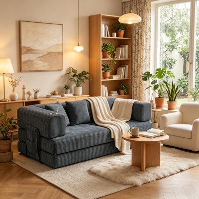 Canapé-lit 5-en-1 avec 4 coussins et 2 porte-gobelets pour salon, appartement et petits espaces