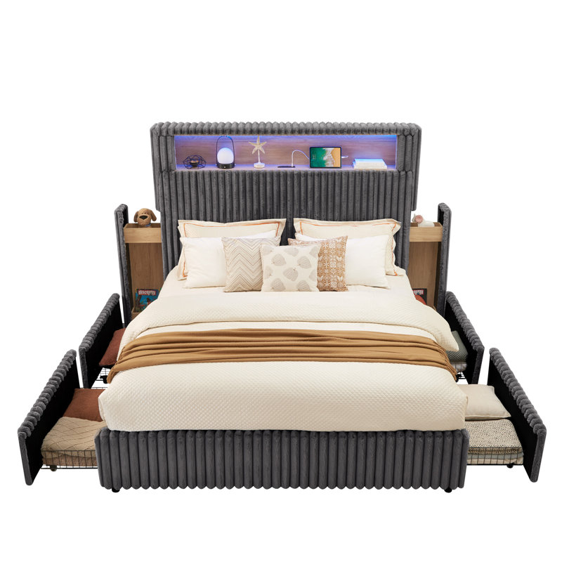 Smart Upholstered Bed Frame, Gray, Queen
