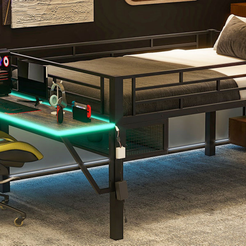 Lit mezzanine avec bureau, DEL et rangement Gaming Mid, parfait pour les chambres de personnes et peu encombrant