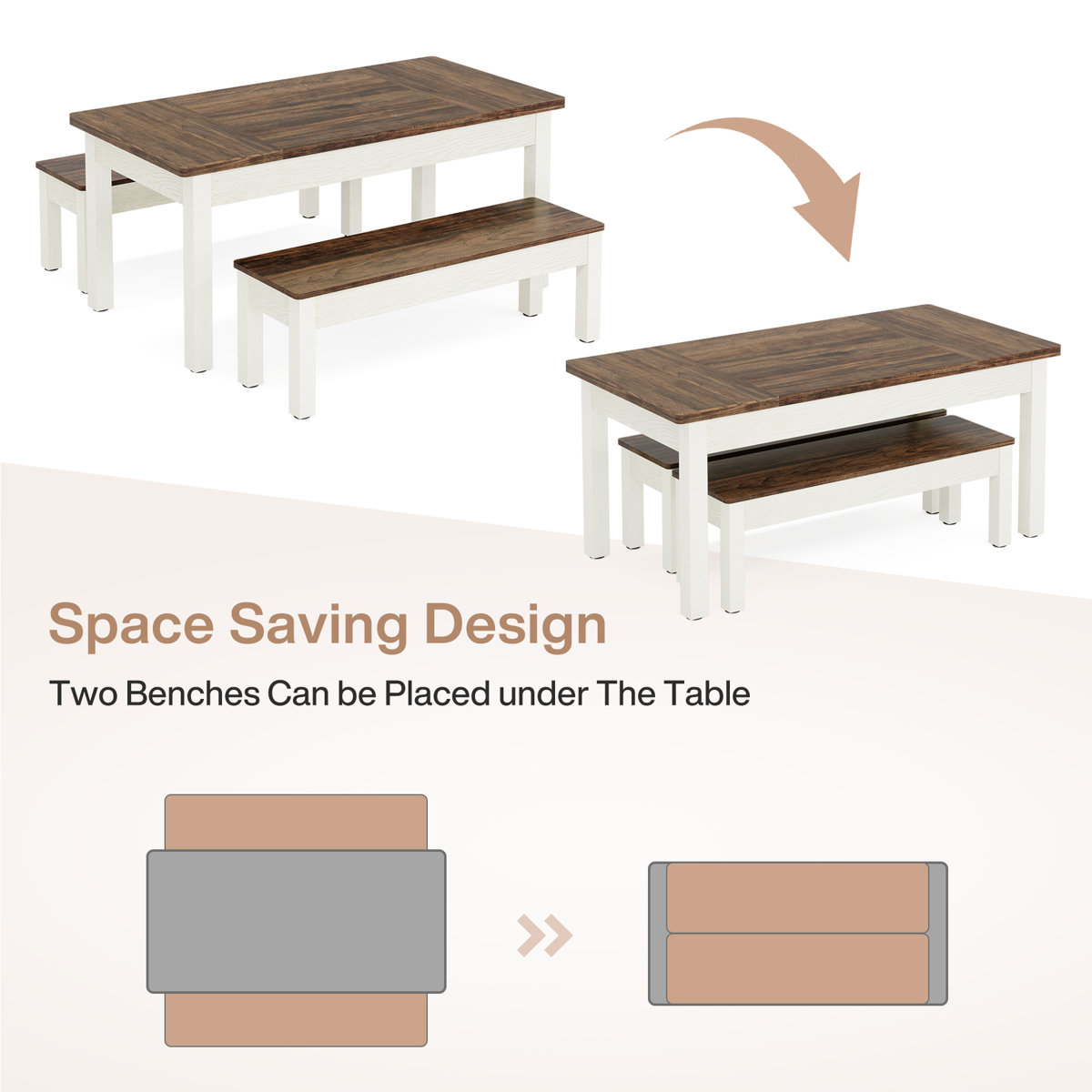 Condition photo showing New/Like New for 55" Farmhouse Kitchen Table With 2 Benches, 3-piece Wooden Dining Table Set By Gracie Oaks