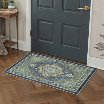 Adler Oriental Performance Navy / Sage 2' x 3' Doormat, Machine Washable
