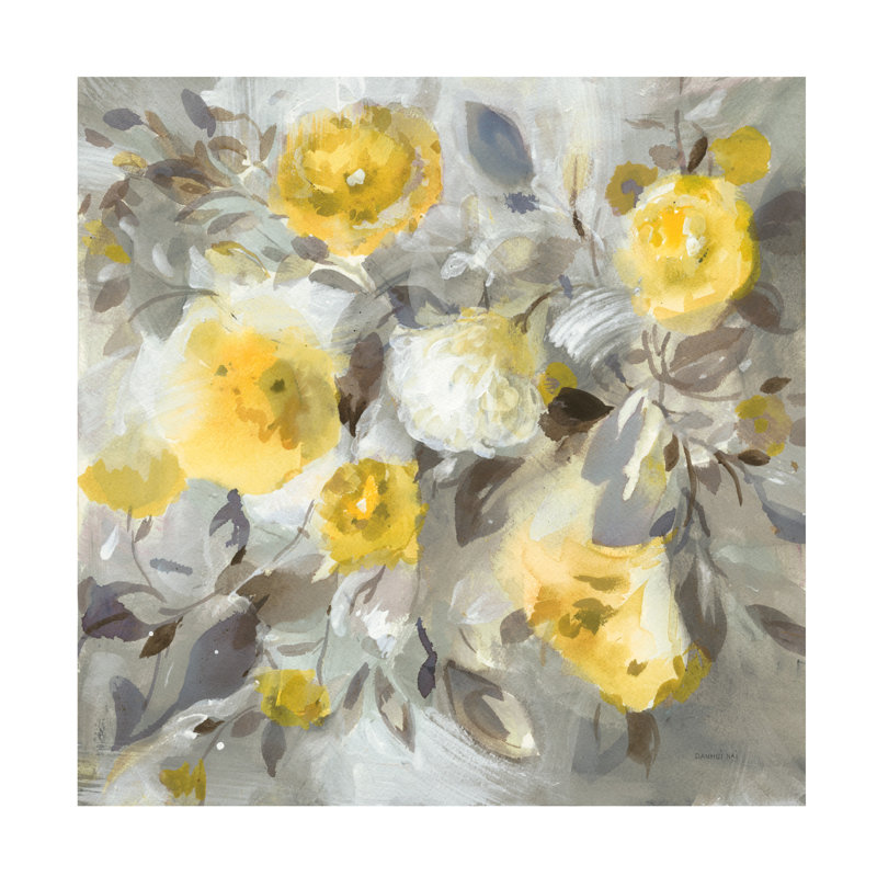 Toile tendue - Art mural Danhui Nai «Floral Uplift Yellow Grey» pour le salon, la chambre à coucher ou le bureau - 35 x 35