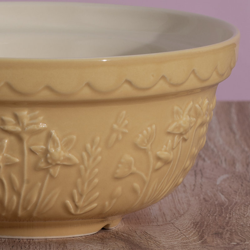 Daffodil Yellow Ceramic Mixing Bowl with Floral Embossing, 1.25 Qt