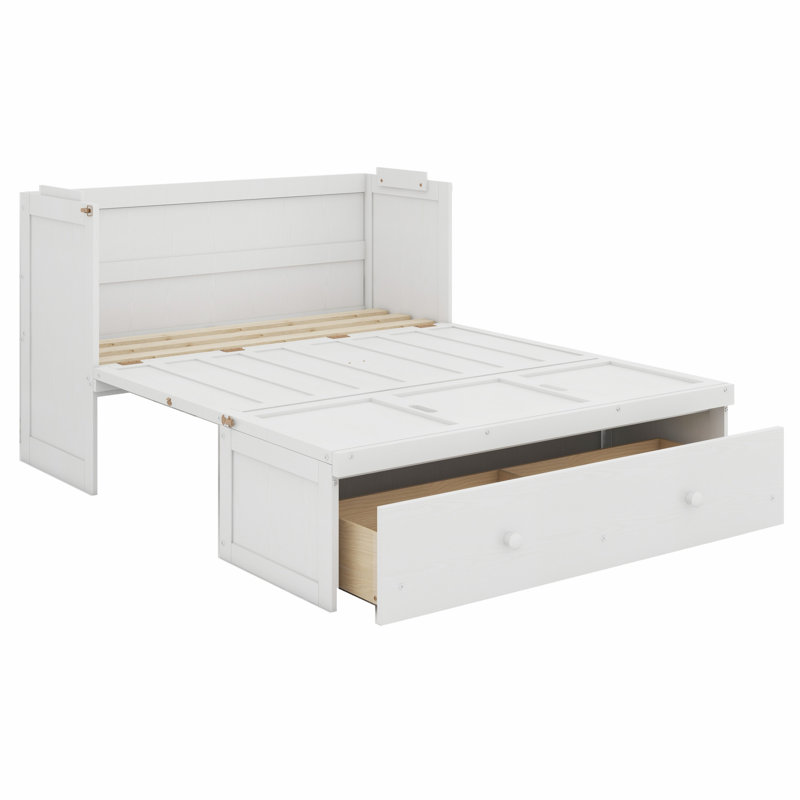 Lit escamotable avec port USB et grand tiroir, Lit double, blanc