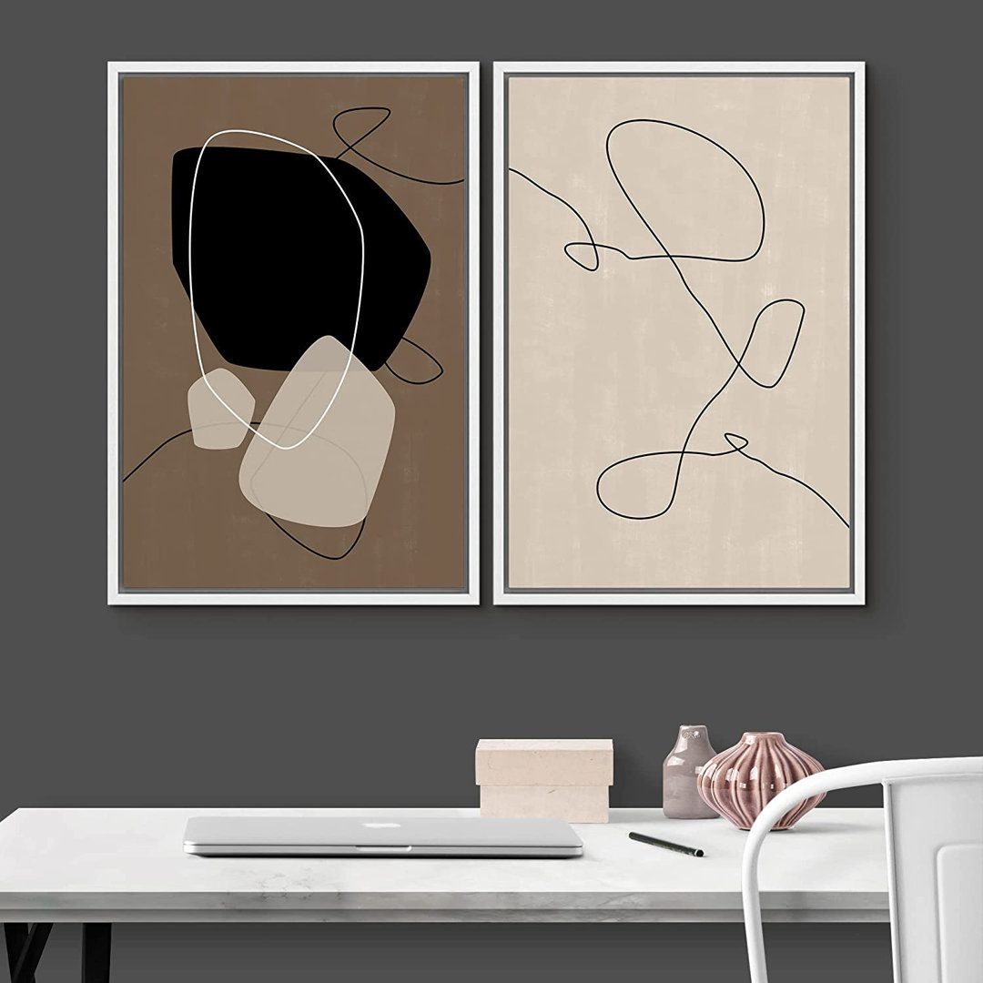 Mid Century Shape "Brown And Black Abstract Neutral Line Chic Framed Canvas Print 2 Pieces Wall Art IDEA4WALL Frame 