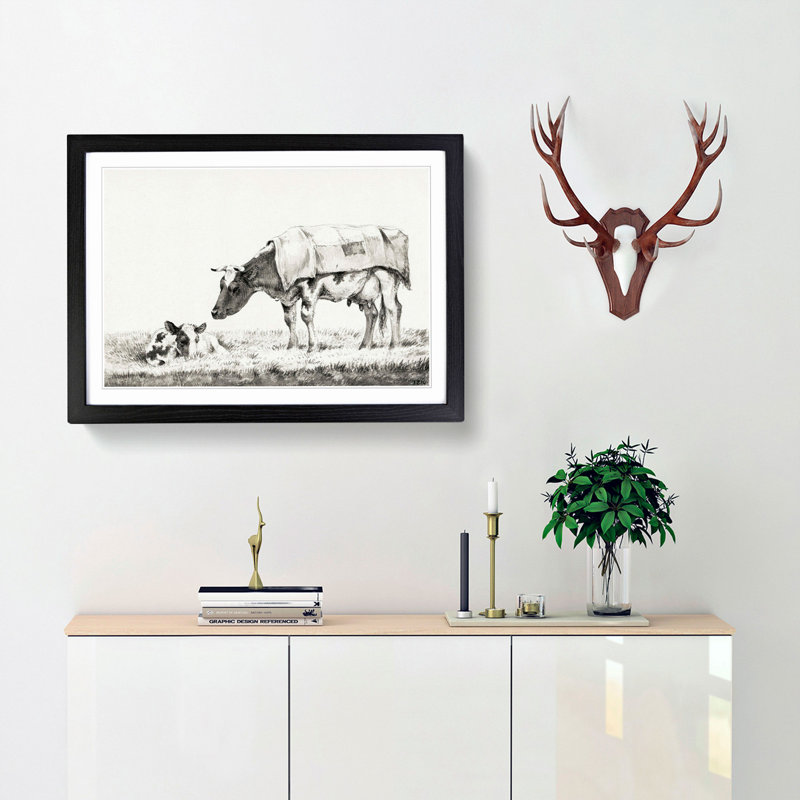 Cow with its Calf by Jean Bernard - Picture Frame Drawing Print, 48cm H x 65cm W x 2cm D, Black Framed