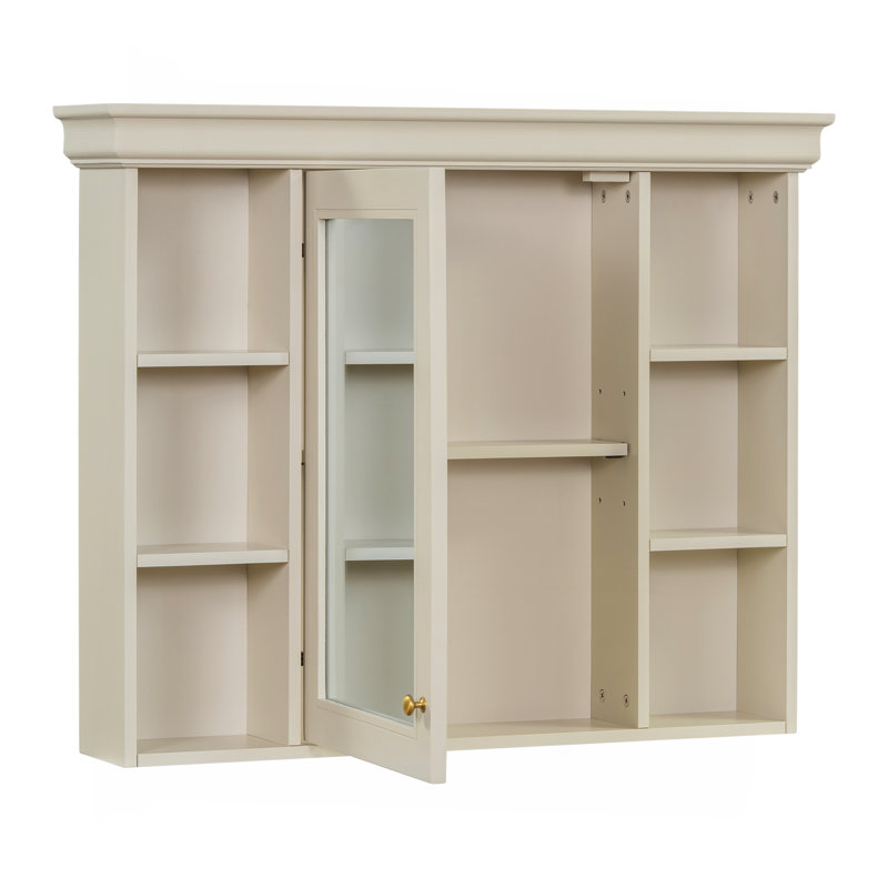 Armoire de salle de bain murale moderne avec plusieurs tablettes ouvertes et miroir, Beige / crème