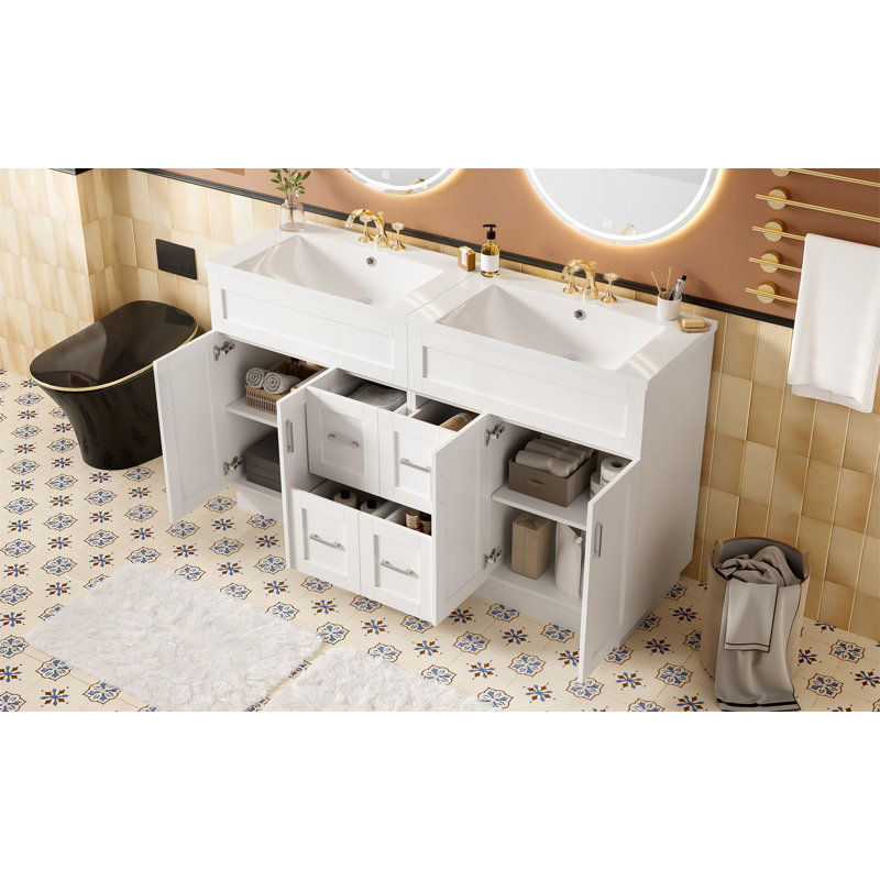 Meuble-lavabo de 60 po avec 4 portes d'armoire, 4 tiroirs, 2 tablettes réglables, deux lavabos en résine, des tiroirs cachés à fermeture en douceur et des charnières à fermeture en douceur
