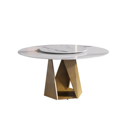Table de salle à manger 59,05 po ronde en marbre avec base en fer bronze, marbre artificiel pour 6 à 8 personnes, table tournante en pierre artificielle blanche 31,5 po