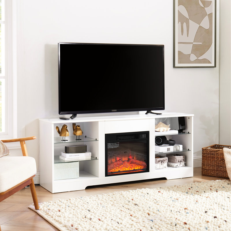 Meuble télé avec foyer électrique, armoire de rangement semi-fermée, charge, blanc, pour téléviseurs de 32 à 62 po