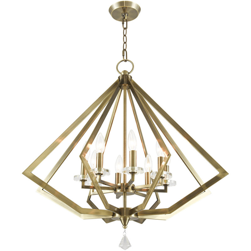 Lustre géométrique à 8 lumières de style bougie avec des accents de cristal Metzinger, Laiton antique