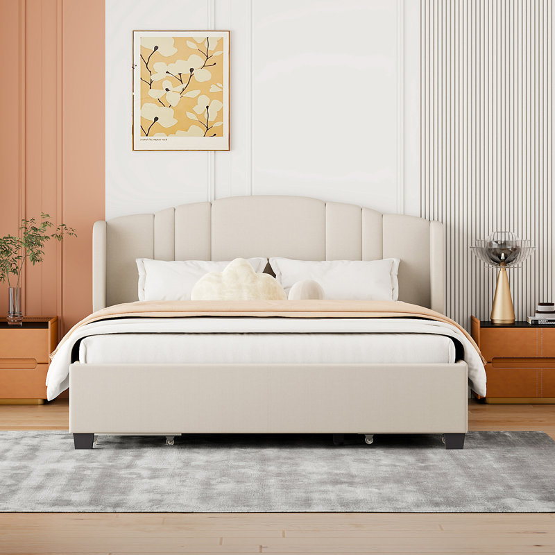 Aretin Upholstered Wingback Bed and 4 Drawers,Storage Bed,Platform Bed,Bed Frame, Beige