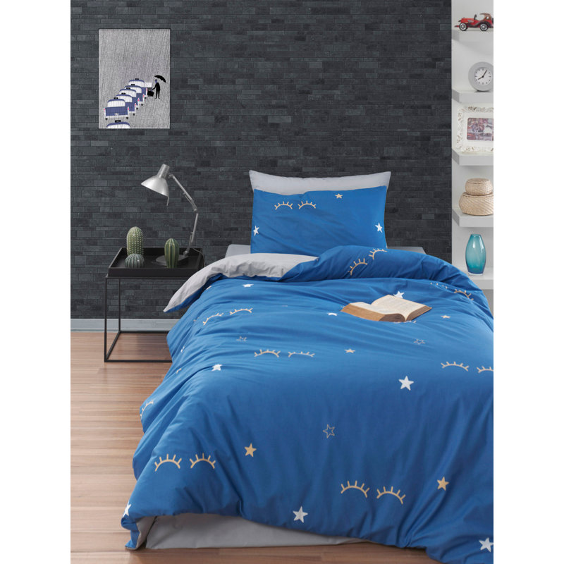 Ensemble de housse de couette XXL Luxury Ranforce, 100% coton, housse de couette 61 x 87 et taie d'oreiller 31,5 x 31,5 | Pigment imprimé, lavable à la machine à 30 ° C, fermeture à boutons | Design élégant bleu, gris et jaune pour des chambres confortables
