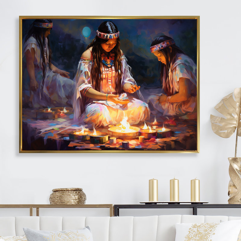 Native American Heal Ritual Memory - Art mural sur toile, art amérindien, H 30 po x l 40 po x P 1,5 po, Cadre flottant doré