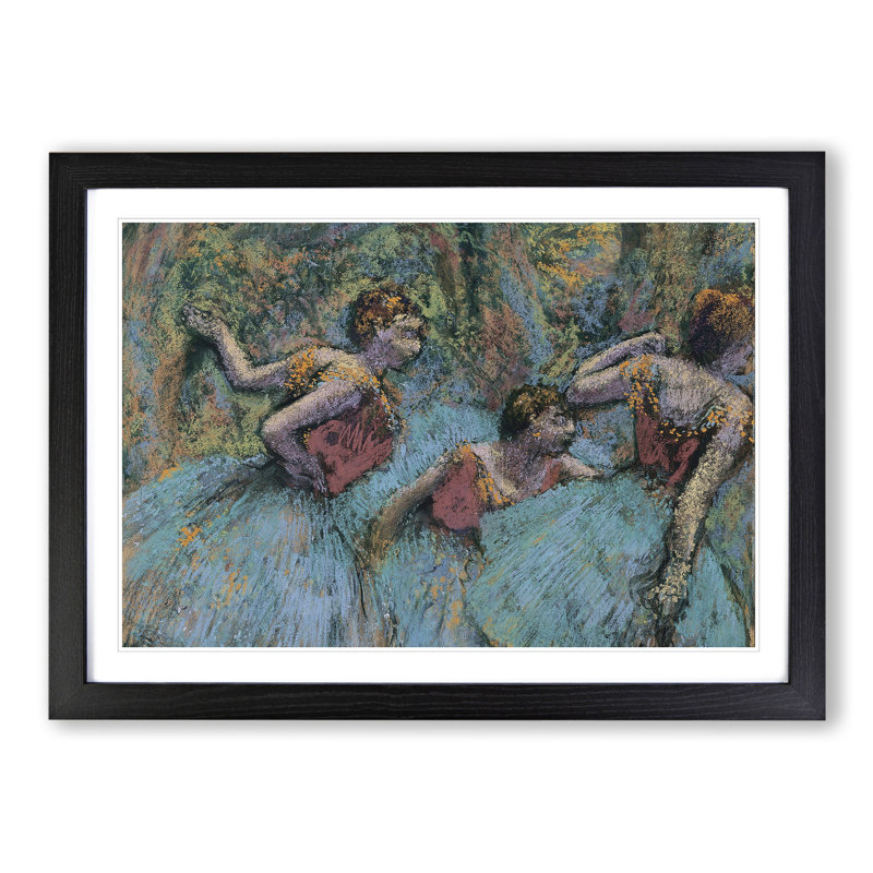 Three Ballet Ballerina Dancers in Blue by Edgar Degas - Picture Frame Painting, Black, 36cm H x 48cm W x 2cm D