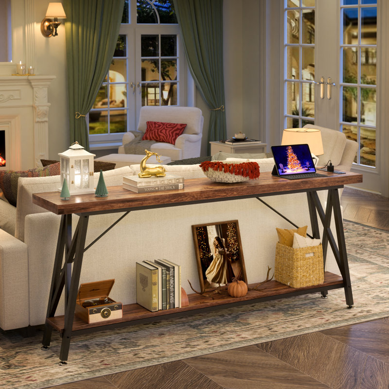 70.9'' Console Table with Charging Station, Rustic Brown