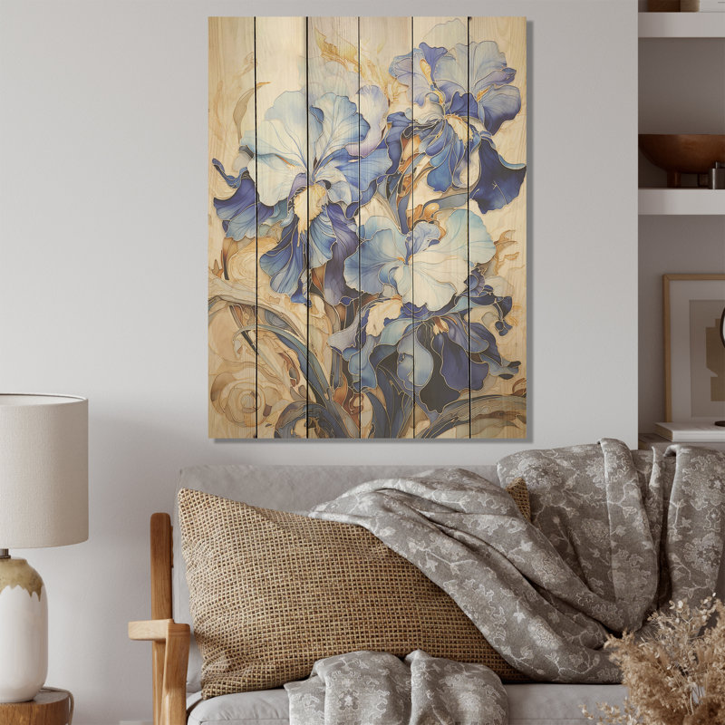 Golden Blue Irises Melody - Iris Wood, art mural sur bois de pin naturel, H 20 po x l 10 po