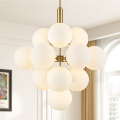 Lustre moderne classique à 13 lumières George Oliver, à intensité variable, avec abat-jour en verre opale bullé, idéal pour salle à manger, salon ou hall d'entrée.
