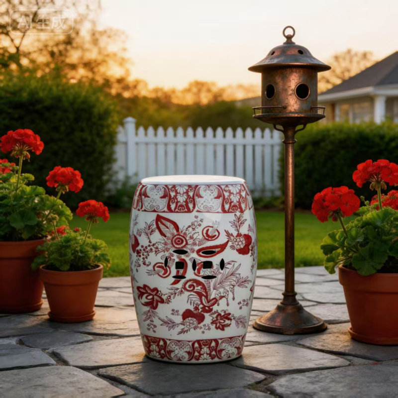 Tabouret carré en céramique à motif floral, Rouge