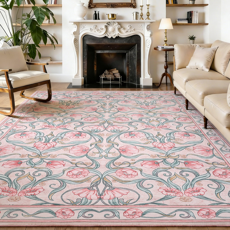 Area Rug, Floral Washable Rugs, Modern Style, Non-Slip Low-Pile Soft Floor Carpet for Bedroom, Living Room, Dining Room