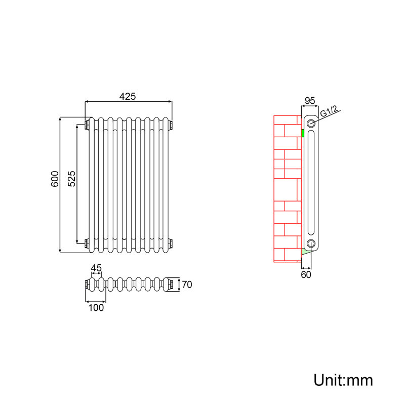 Carmellia Horizontal Designer Radiator, 60cm H x 42cm W x 9cm D