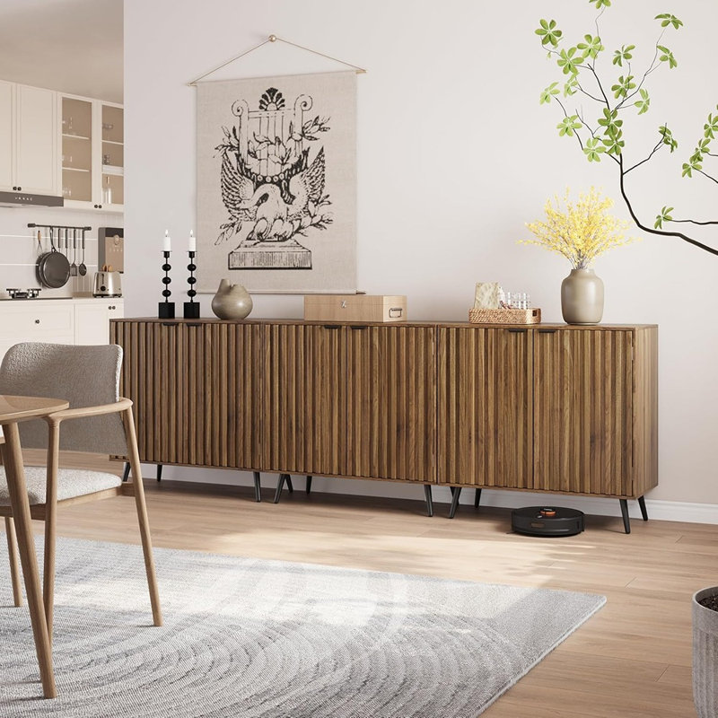 Walnut Fluted Sideboard Buffet With Metal Legs & Adjustable Shelf