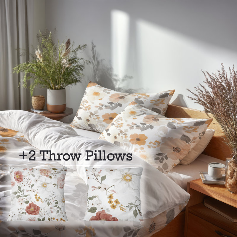 Ensemble d'édredon 6 pièces Boho - Ensemble de literie à motif floral saisonnier Bloom, Queen Comforter + 5 Additional Pieces