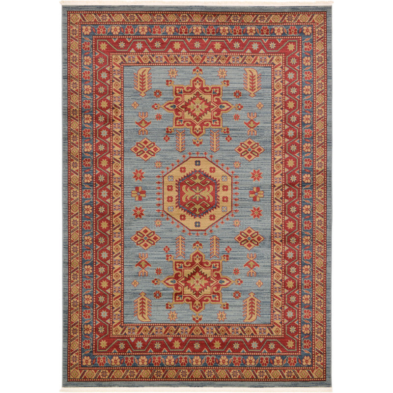 Tapis bleu clair tissé à la machine Eesi, Rectangle 3 pi 3 po x 5 pi 3 po