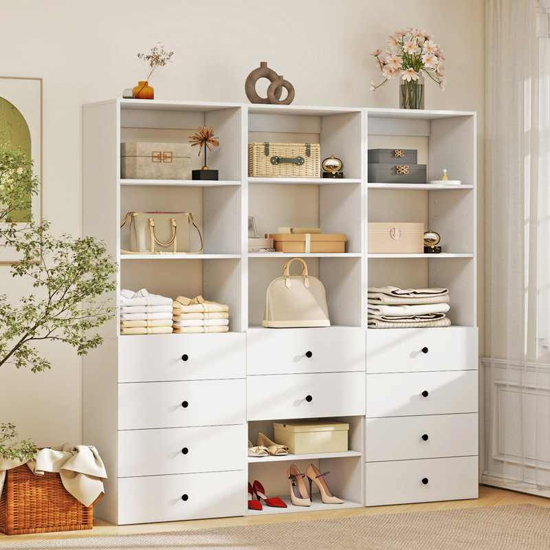 Système d'organisation modulaire blanc avec 11 tablettes et 10 tiroirs