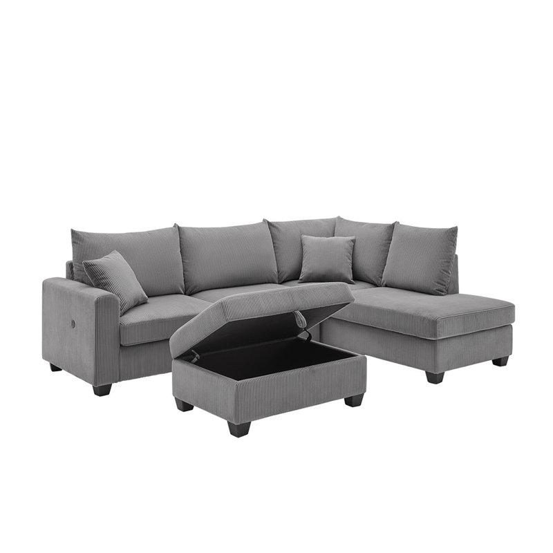 Romano 107"W Dark Gray Corduroy Fabric Sectional Sofa With Right Facing Chaise
