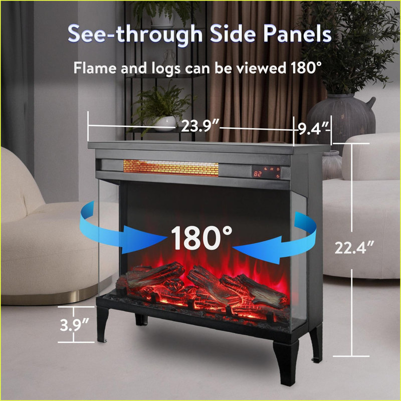 24-Inch Modern Electric Fireplace with Three-Sided Glass | Tempered Glass+Sheet Metal | Freestanding, Gray