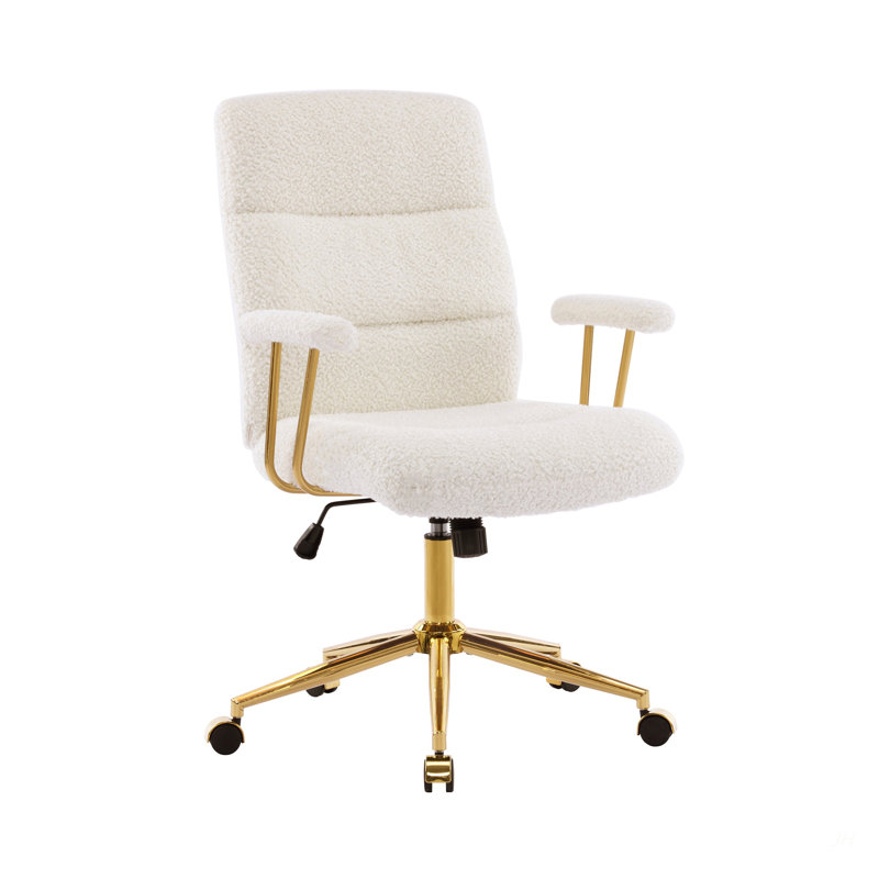 Textured Boucle Fabric White And Gold Office Chair, Modern Height Adjustable Desk Chair With Padded Arms, White