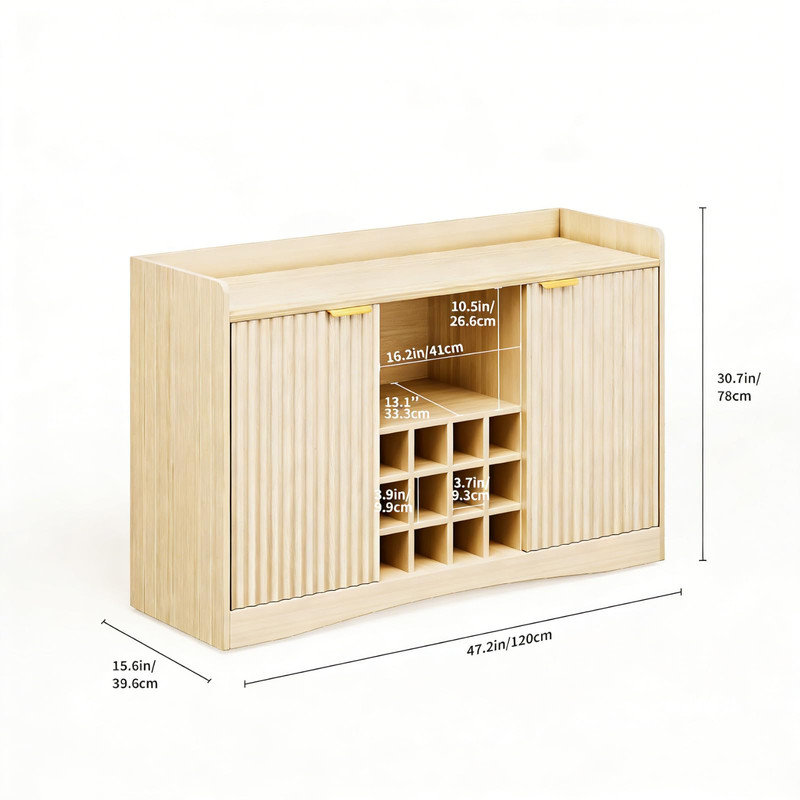 47” Fluted Wine & Coffee Bar Cabinet – 9 Glass Holders, 12 Wine Racks, Storage Sideboard for Living Room, Dining Room