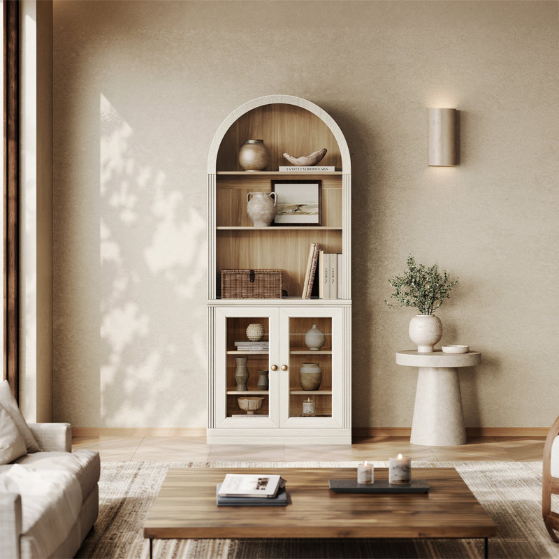 Bibliothèque haute cintrée Monos avec portes vitrées, blanche, White