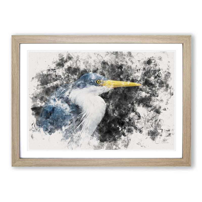 Pied Heron - Picture Frame Painting Print, Oak Framed, 45cm H x 63cm W x 2cm D