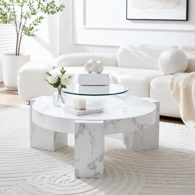 Une table basse moderne, élégante et résistante en MDF à texture marbre, avec une table d'appoint.