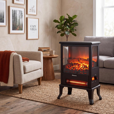 Poêle-cheminée électrique avec effet flamme 3D, 1500 W, sur pied, noir
