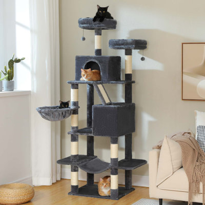 Grande tour d'arbre à chat 71 po avec 8 poteaux à griffer, 2 perchoirs, 2 grottes, panier, hamac et pompons
