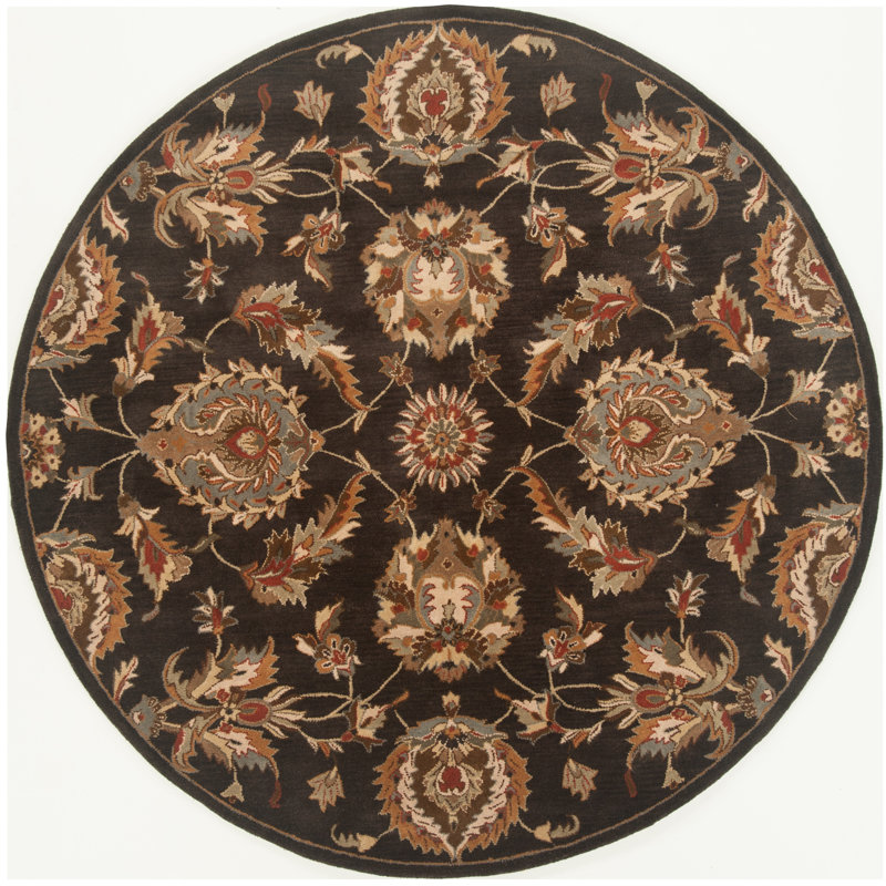 Tapis noir en laine touffeté floral fait main Hamill, Rond 6 pi