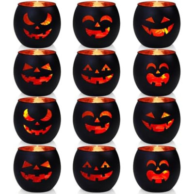 Ensemble de 12 porte-bougies pour table d'Halloween, porte-votives en verre noir et or avec 6 bougies chauffe-plat en grimace pour Halloween