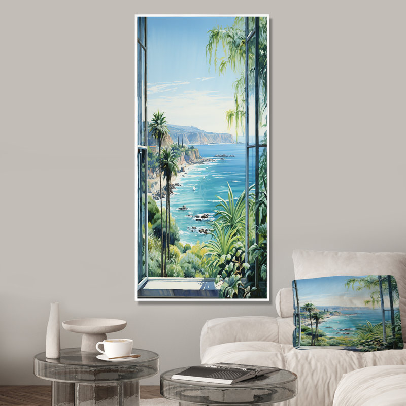 «Tropical Windows To The Beach III - Coastal Windows», art mural, Cadre flottant blanc, 44" H x 34" W