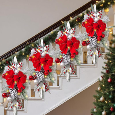 4Pack Christmas Swags Teardrop 24" Prelit Cordless Stair Decorations with Lights Artificial Christmas Garland Wreath for Front Door Indoor Outdoor Home Window Decor