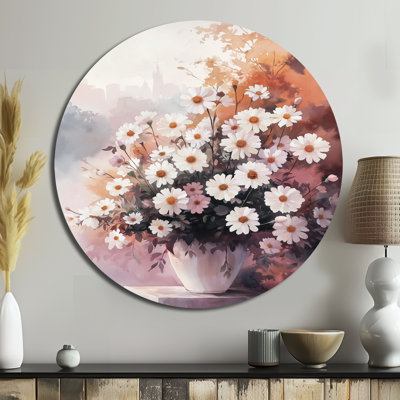 Souci blanc rose - impression d'art en métal blanc traditionnel, décoration murale ronde en métal souci