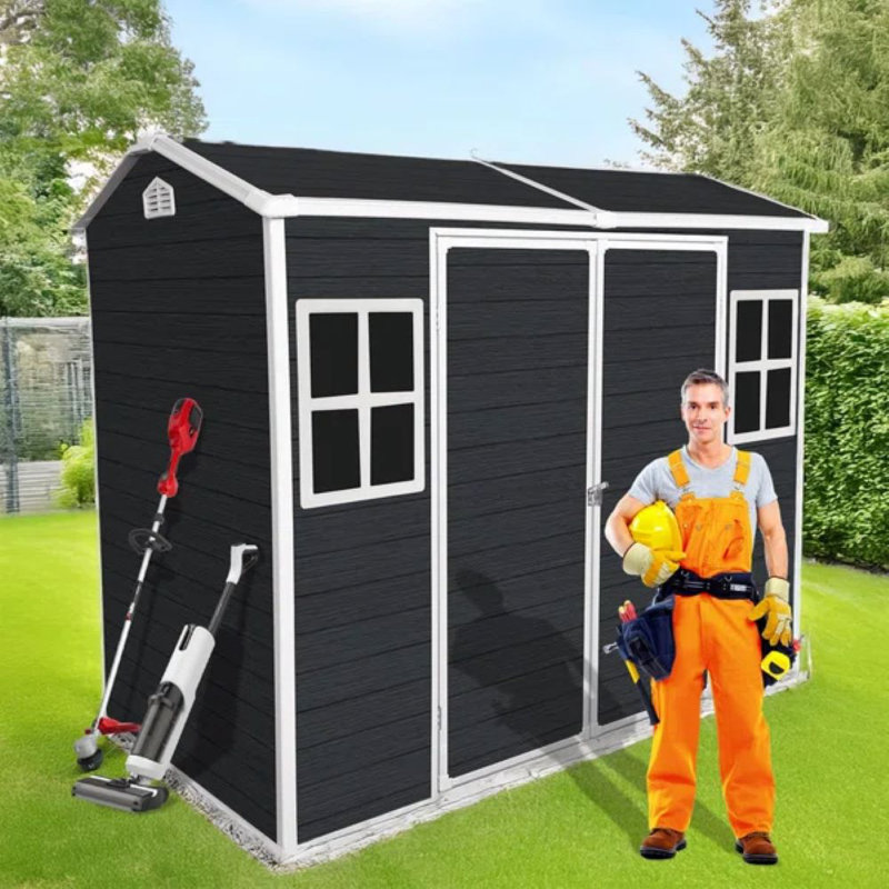 Jaxenor 8x4 FT Resin Storage Sheds Outdoor with Floor Included, Plastic Sheds & Outdoor Storage Clearance with 2 Windows and Lockable Door, Backyard Storage Sheds for Garden Tools, Bike