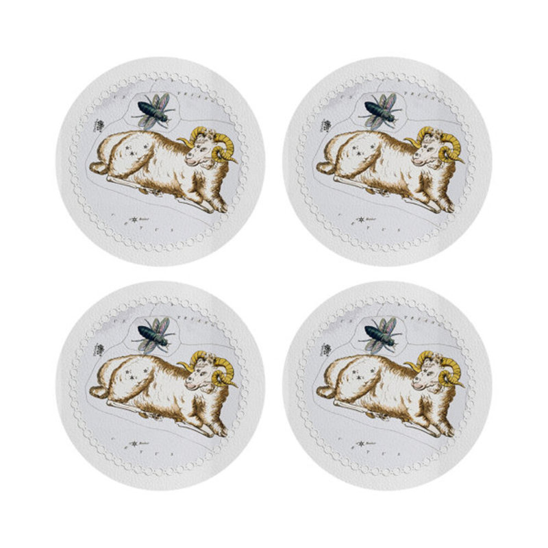 Zodiac Aries White Vegan Leather Round Coasters, White
