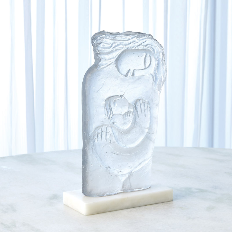 Sculpture mère et enfant en verre sur base de pierre