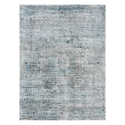 Tapis oriental rectangulaire en viscose noué à la main bleu / argent