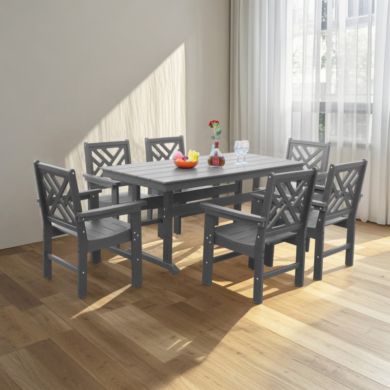 Ensemble de 7 meubles de patio en PEHD pour 6 personnes, Gris, 7