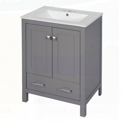 24-inch bathroom vanity with integrated undermount basin and a storage cabinet featuring 2 doors and 1 drawer. Includes double-layer door shelf, soft-close design, and versatile storage solutions